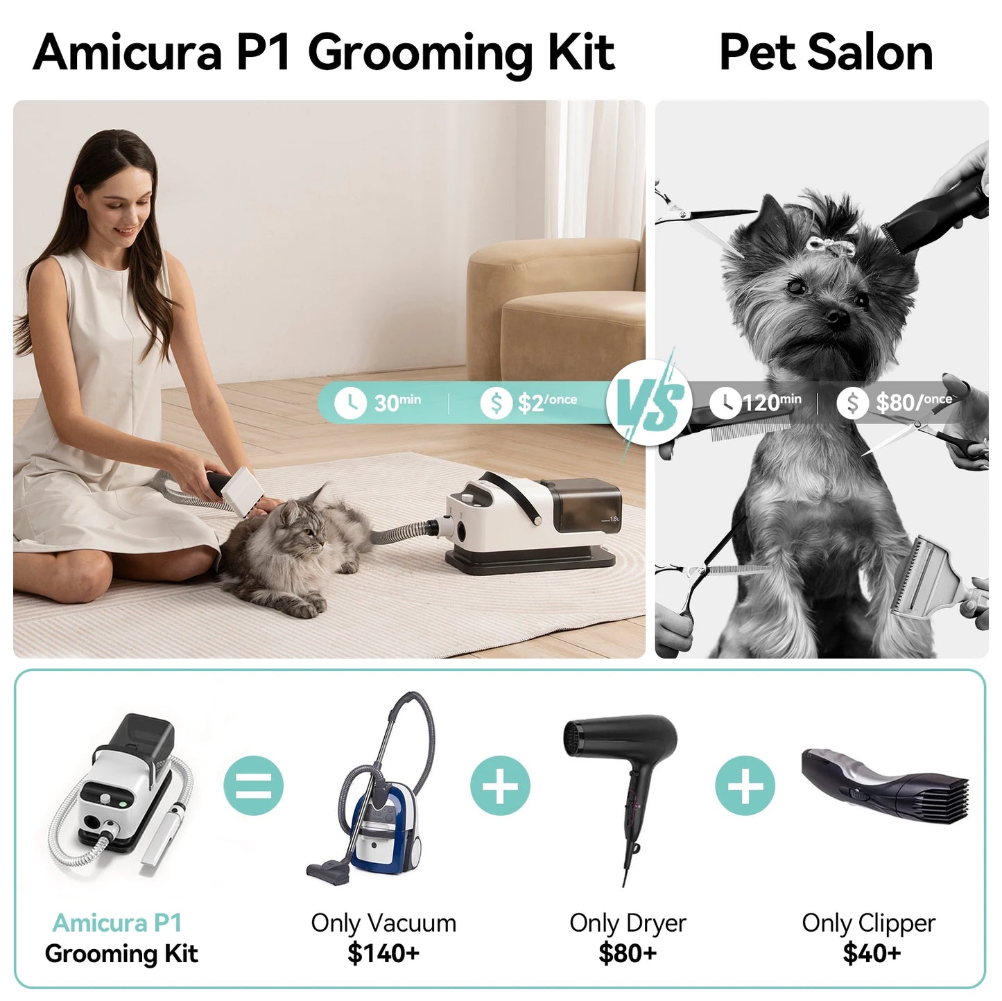 Amicura P1 Vacuum Cleaner and Hair Dryer Grooming Kit