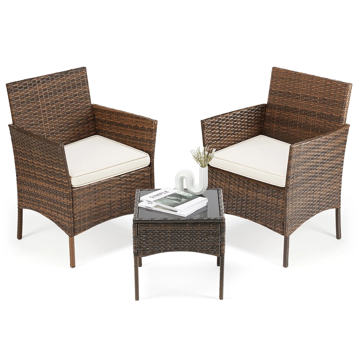 JHK Outdoor Patio Furniture Set With Wicker Chairs Glass Table