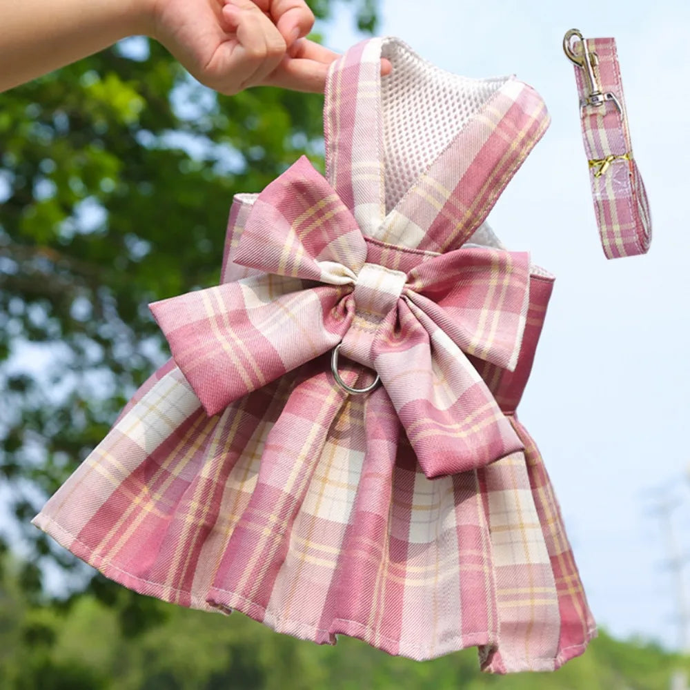 JK Style Pet Plaid Dacron Dress With Leash