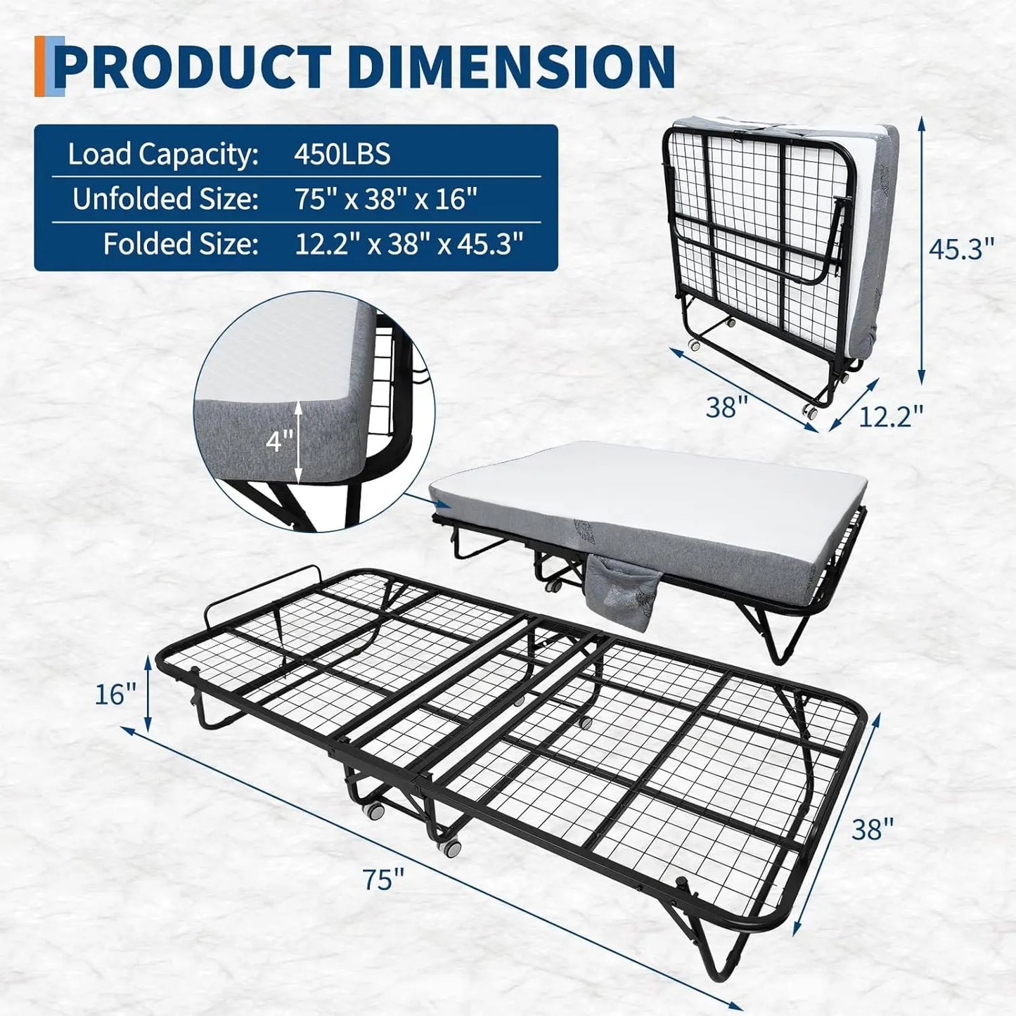 HiMISS Folding Bed With Mattress, Portable Rollaway Guest Bed