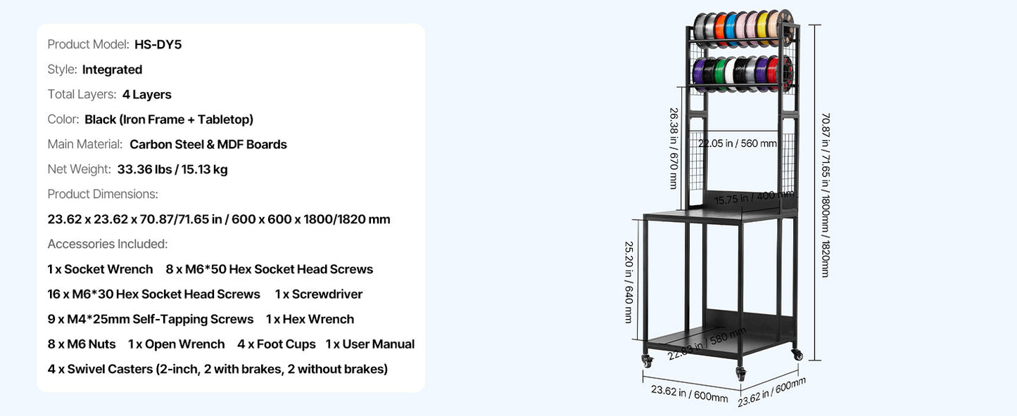 SucceBuy 4 Tier 3D Printer Filament Storage Rack With Wheels