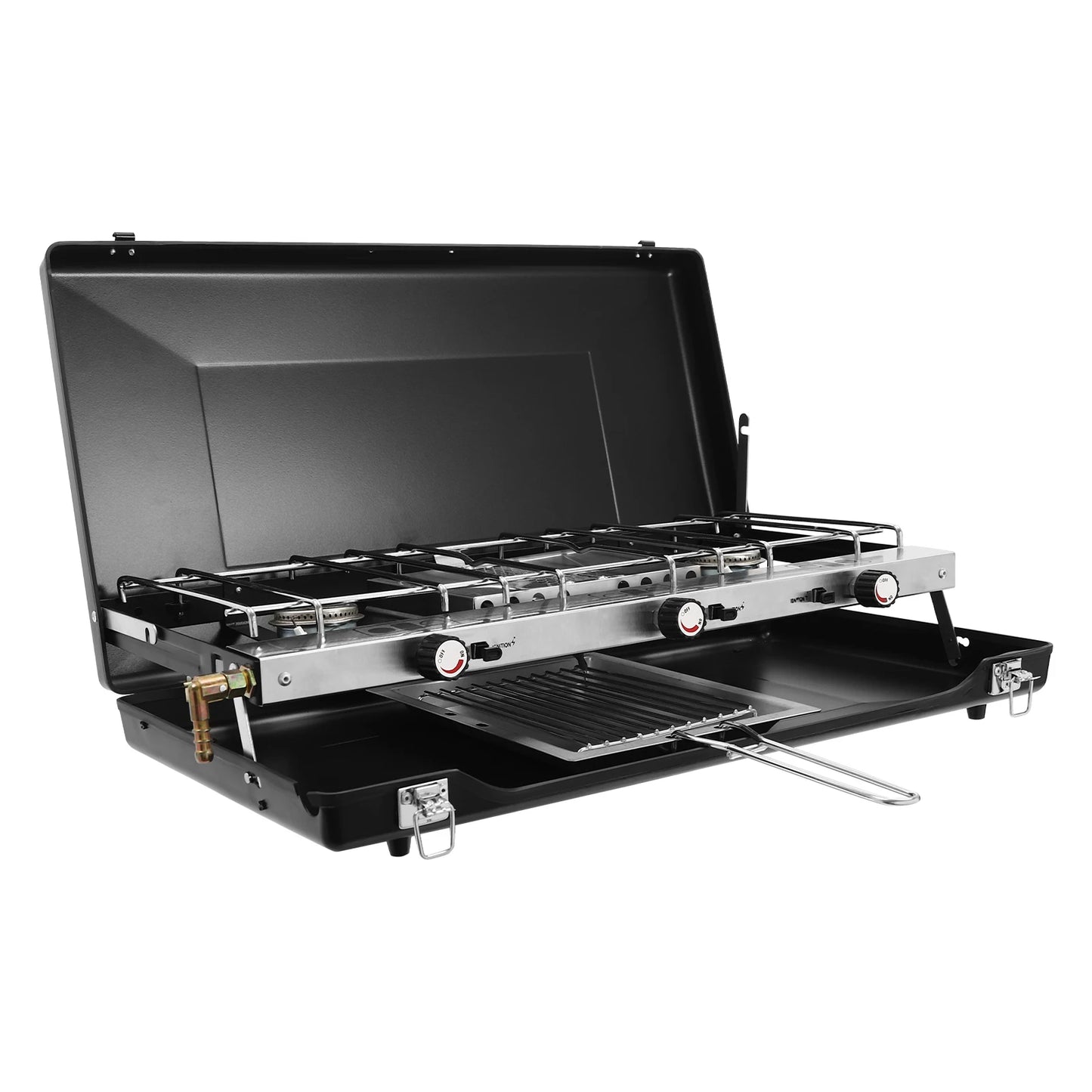 Portable 3-Burner Propane Gas Stove With Griddle Adjustable Windshield