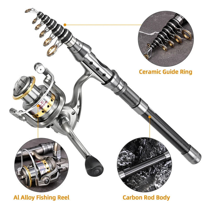 Telescopic Fishing Rod And Spinning Reel Combo Kit With Hooks
