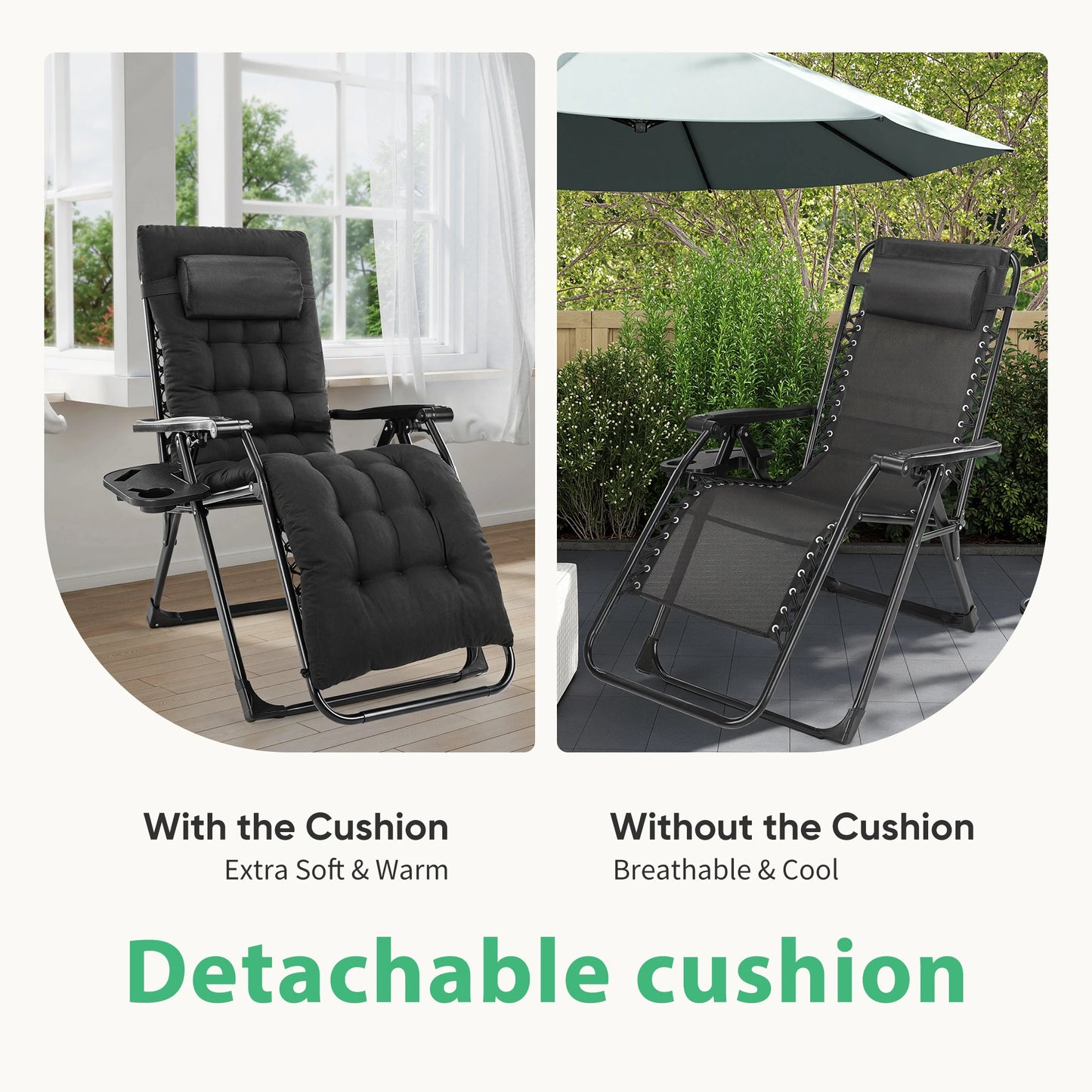 JHK Portable Zero Gravity Recliner Chairs With Cup Holder Trays