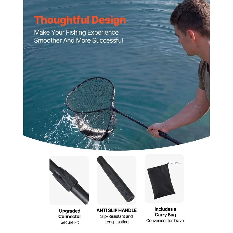 Foldable Fishing Landing Net With Telescopic Handle Soft Silicone