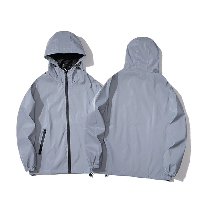 Night Reflective Windbreaker Hooded Jacket For Men Waterproof Zipper Coat