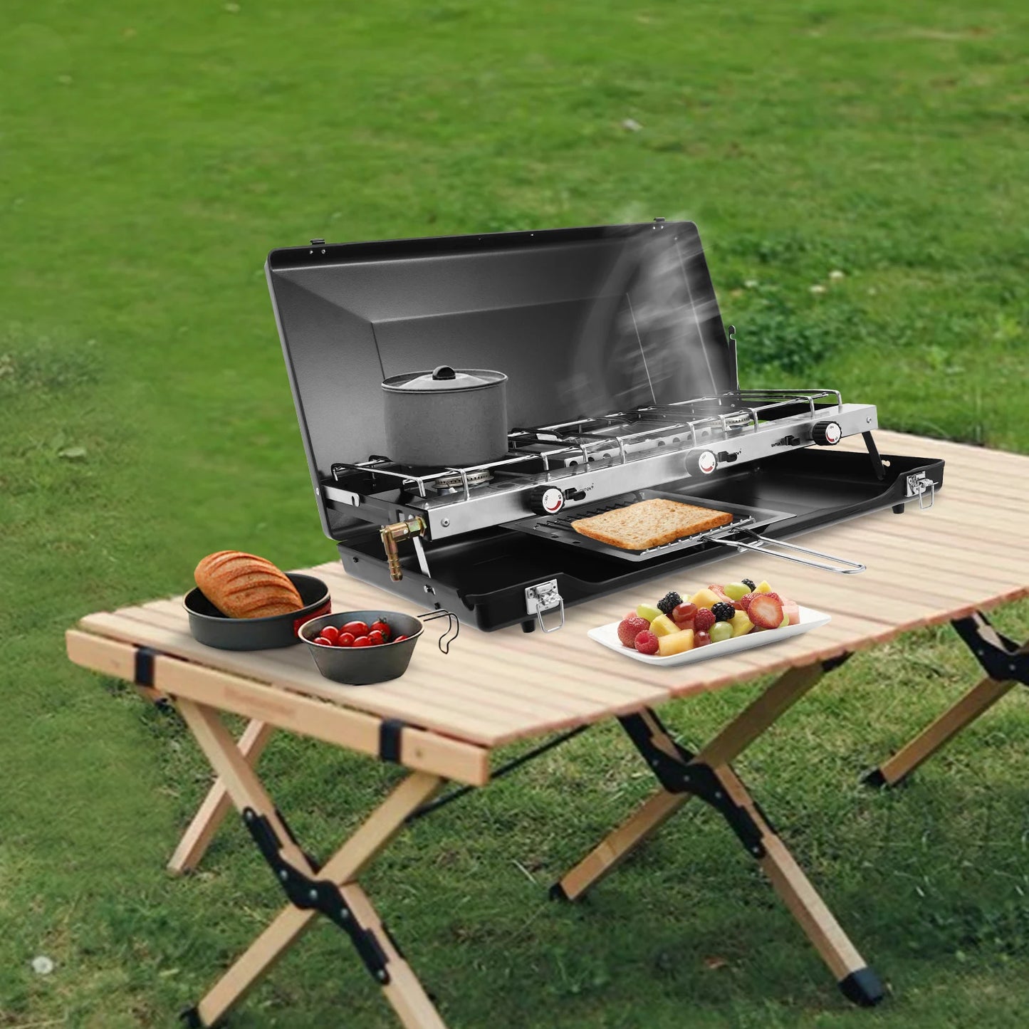 Portable 3-Burner Propane Gas Stove With Griddle Adjustable Windshield