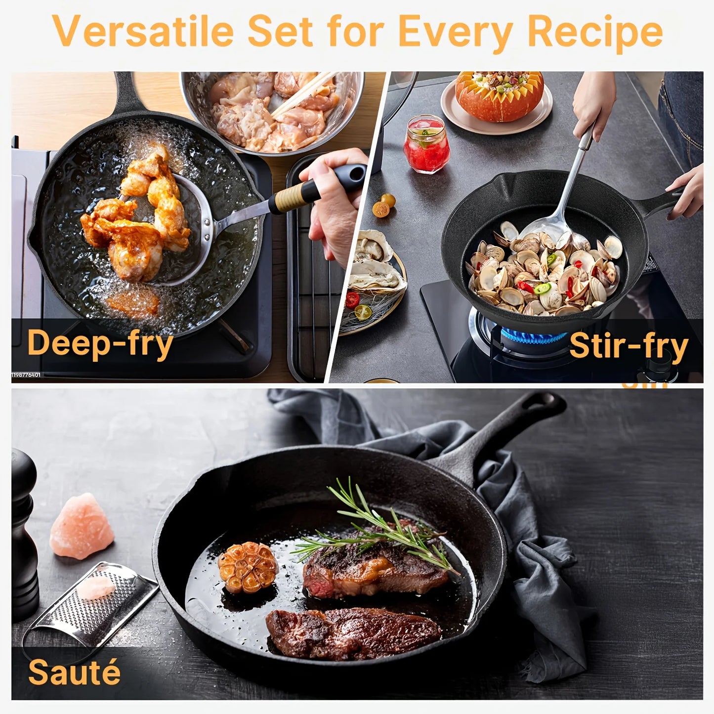 Cast Iron Skillet Set Induction Safe Uncoated Frying Pans