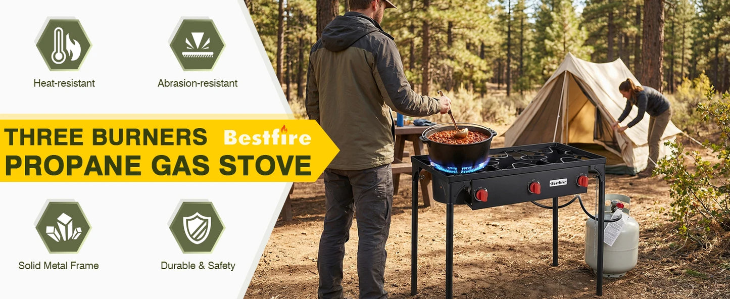 3 Burner Propane Camping Stove With Adjustable Regulator And Removable Legs