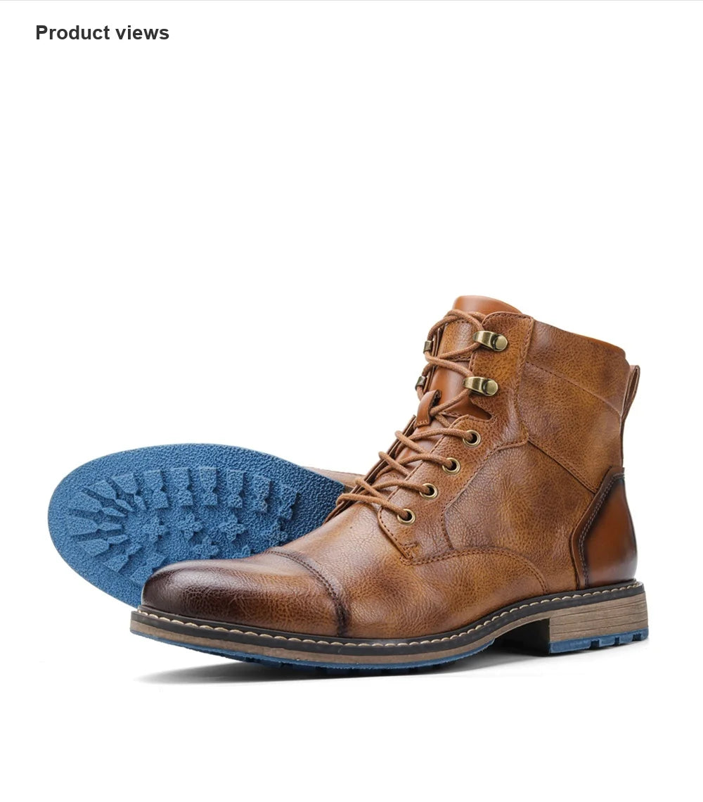 Classic Men's Spring Leather Ankle Boots With Zipper And Metal Decoration