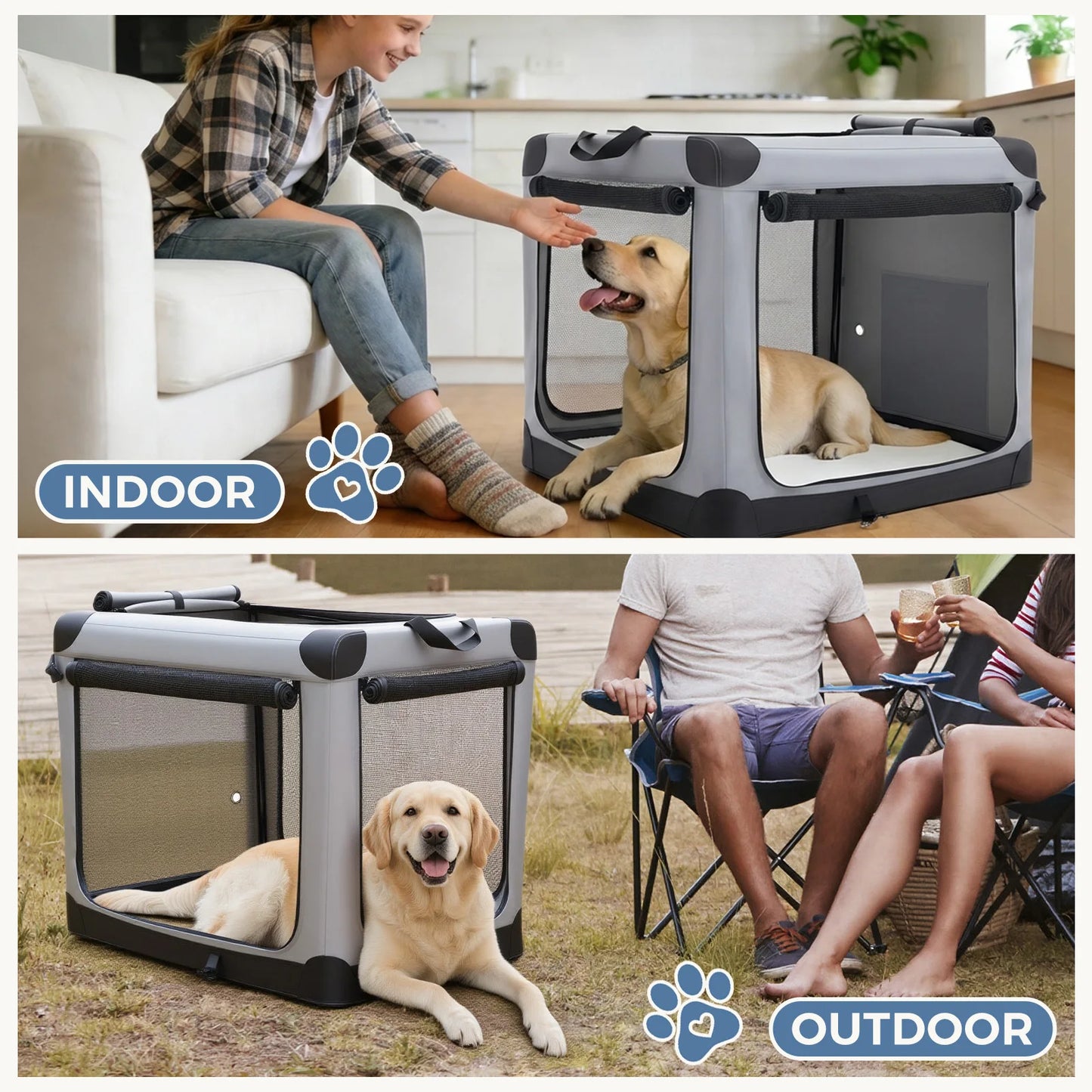 JHK 600D Oxford Foldable Soft Dog Crate With 3 Doors For Indoor Use