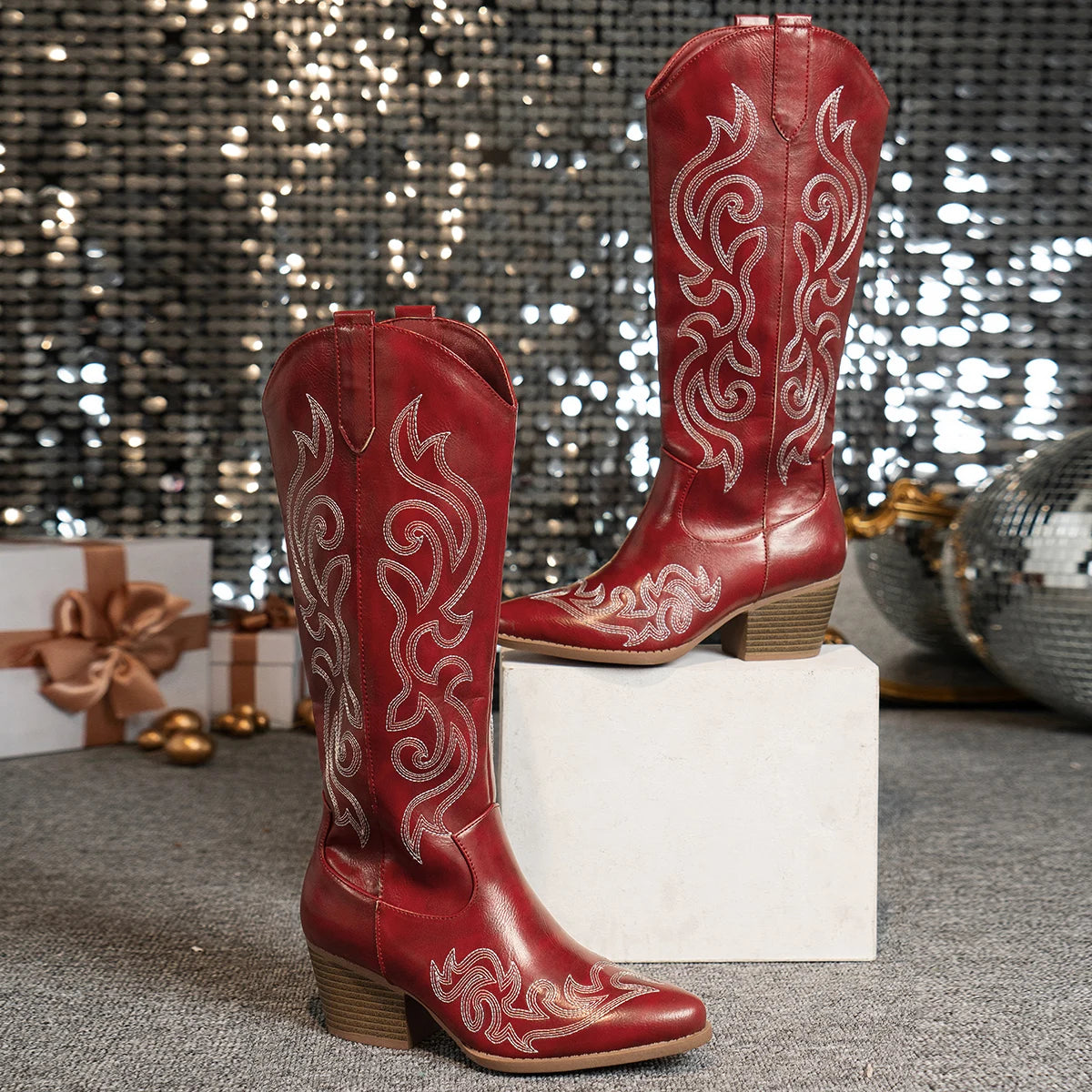 Womens Western Embroidered Cowboy Boots With Pointed Toe Block Heel