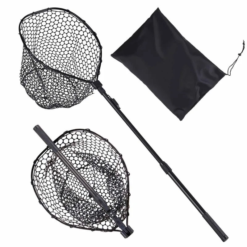 Foldable Fishing Landing Net With Telescopic Handle Soft Silicone