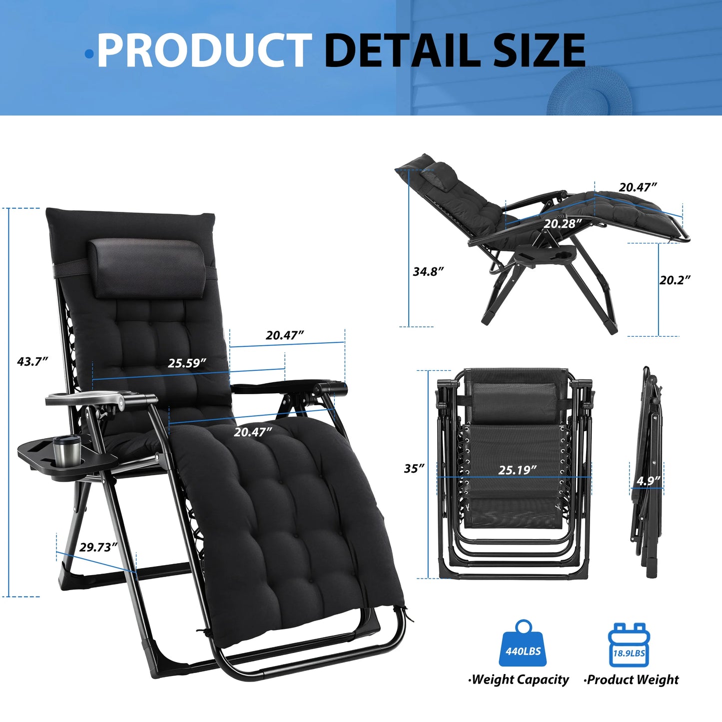 MCQ Zero Gravity Cushioned Lounge Chair Folding Camping Cup Holder