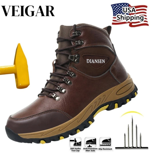 VEIGAR Waterproof Leather Work Boots For Men Safety Anti Puncture