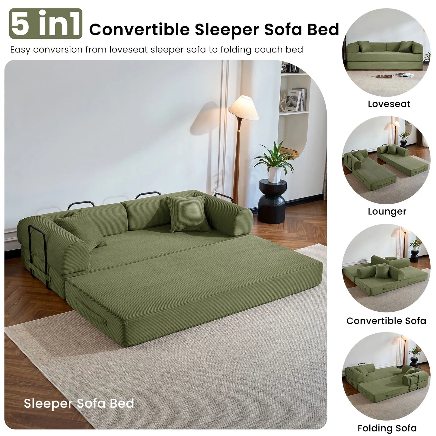 Corduroy Upholstered Convertible Sofa Bed Loveseat Sleeper