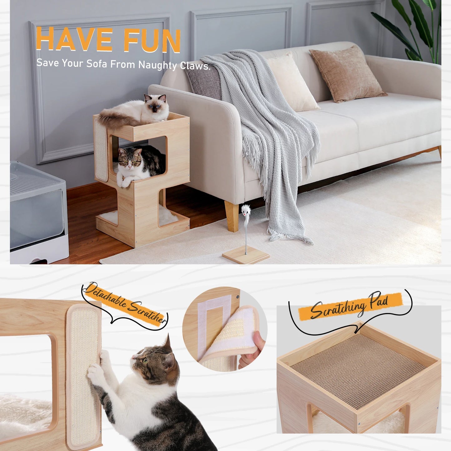 PAWZ Road Wooden Cat Condo House with Soft Mats And Scratcher