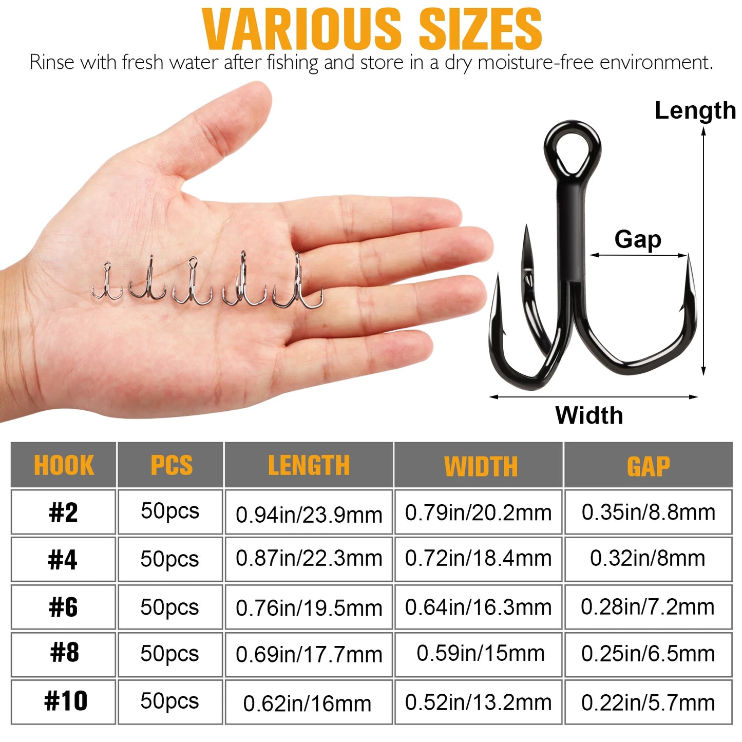 Dovesun 3X Strong Treble Hooks Saltwater Freshwater 50pcs
