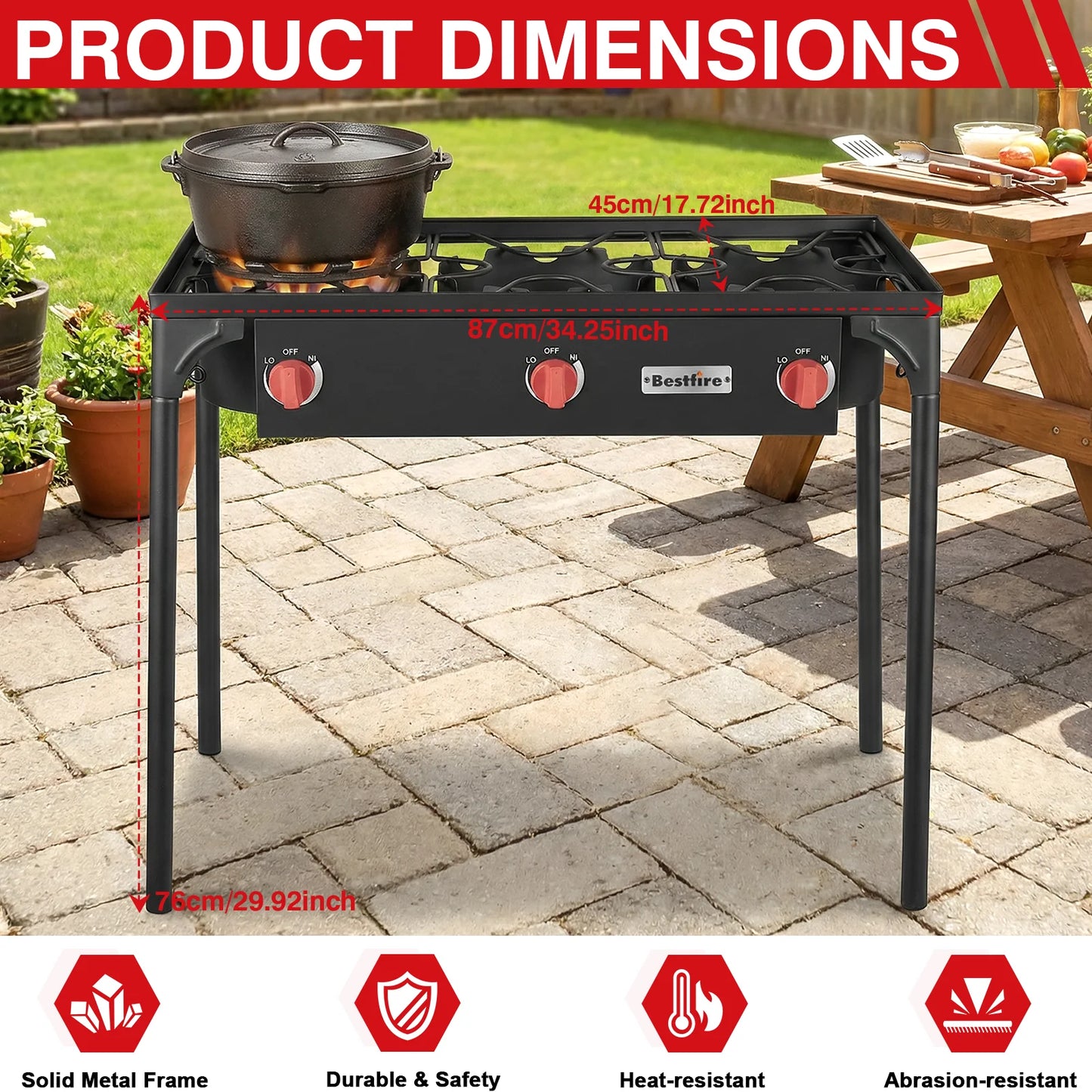 3 Burner Propane Camping Stove With Adjustable Regulator And Removable Legs