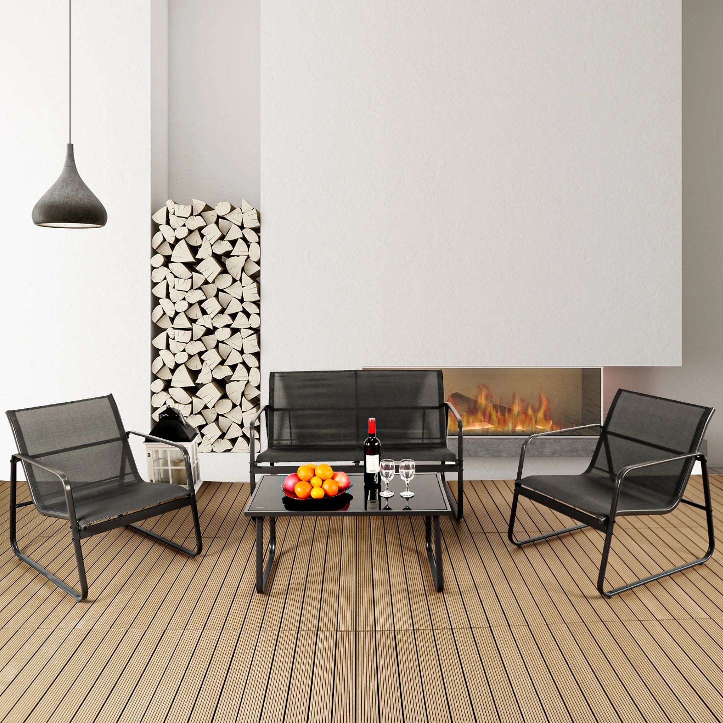 JHK Outdoor Patio Furniture 4-Piece Table Set With Mesh Back