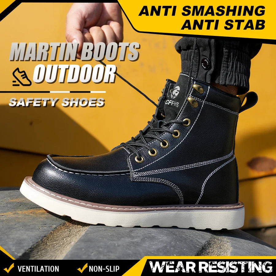 Two Layer Cowhide Men's Anti-Smash Anti-Puncture High Top Work Shoes