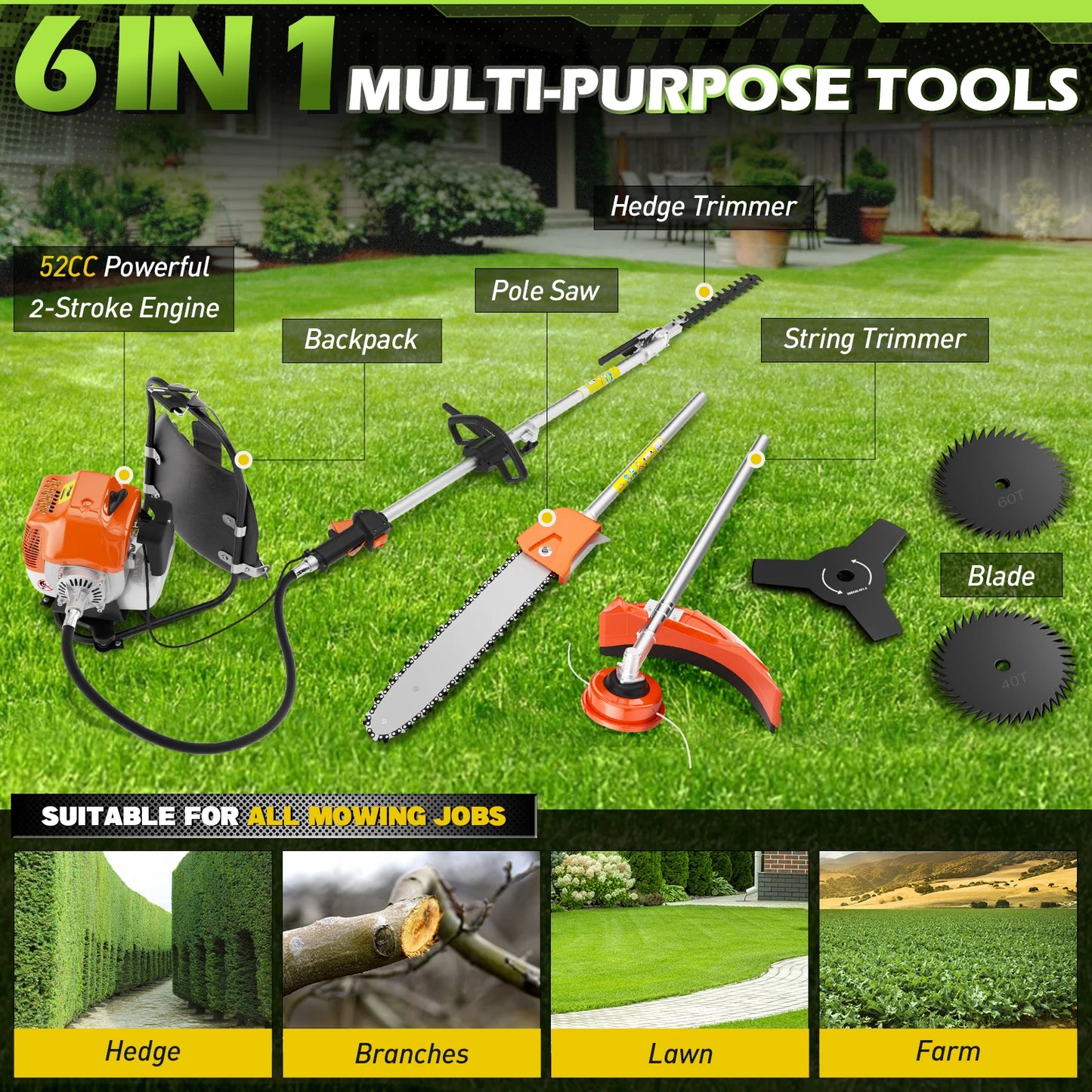 Gas Powered 6 In 1 Hedge Trimmer With Attachments Kit