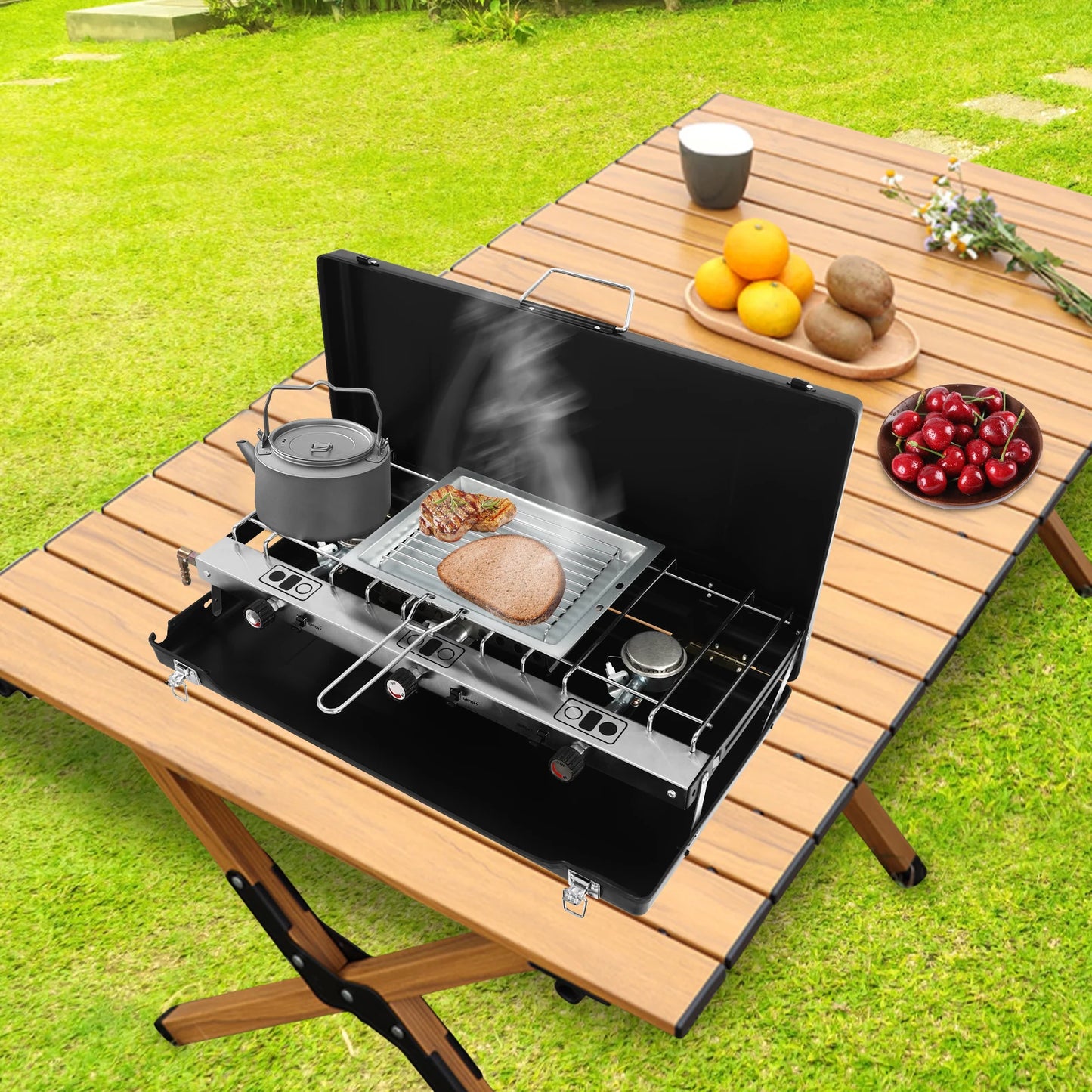 Portable 3-Burner Propane Gas Stove With Griddle Adjustable Windshield