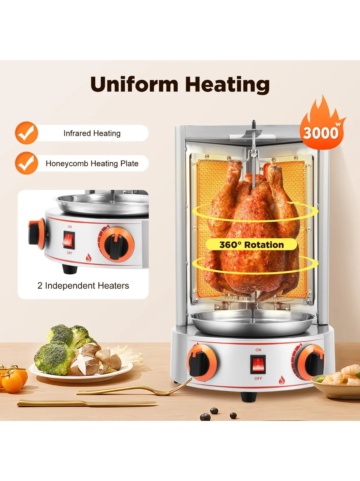 Electric Vertical Shawarma Rotating Gas Broiler Gyro Grill 2 Burners
