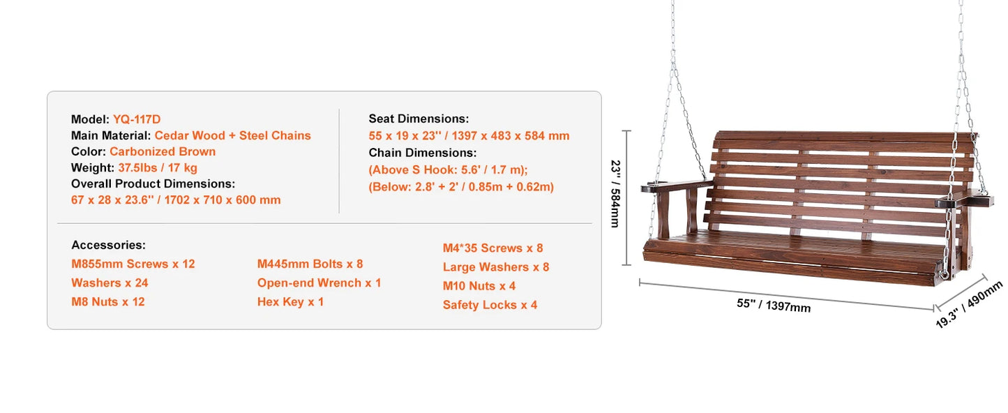 SucceBuy Wooden Porch Swing Outdoor Patio Garden Bench