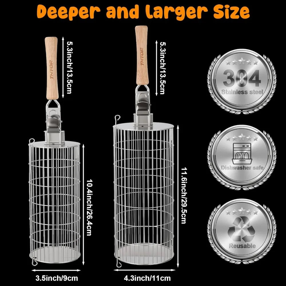 XIUWO Rolling Grill Basket Stainless Steel Removable Handle
