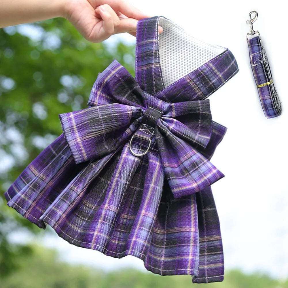 JK Style Pet Plaid Dacron Dress With Leash