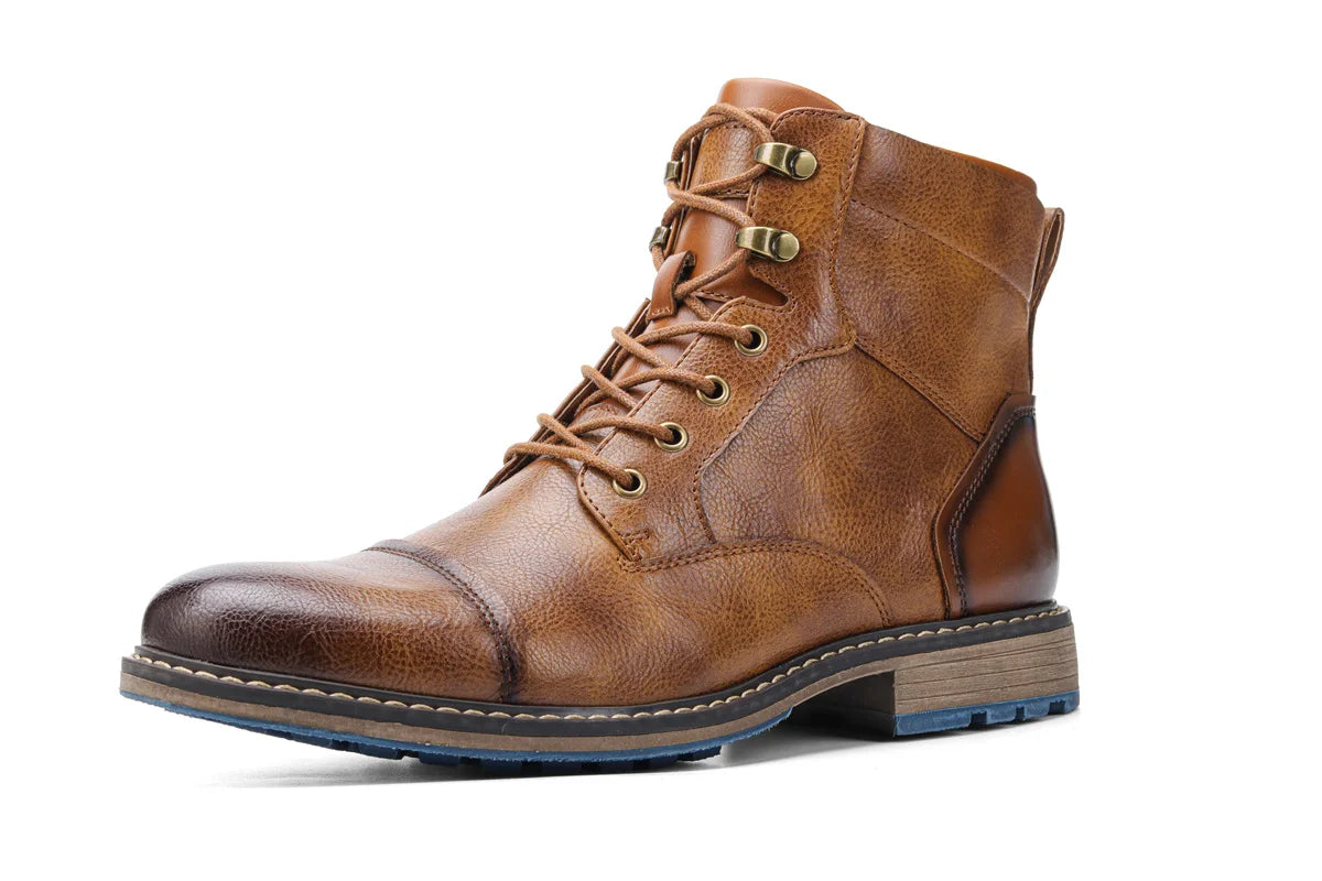 Classic Men's Spring Leather Ankle Boots With Zipper And Metal Decoration