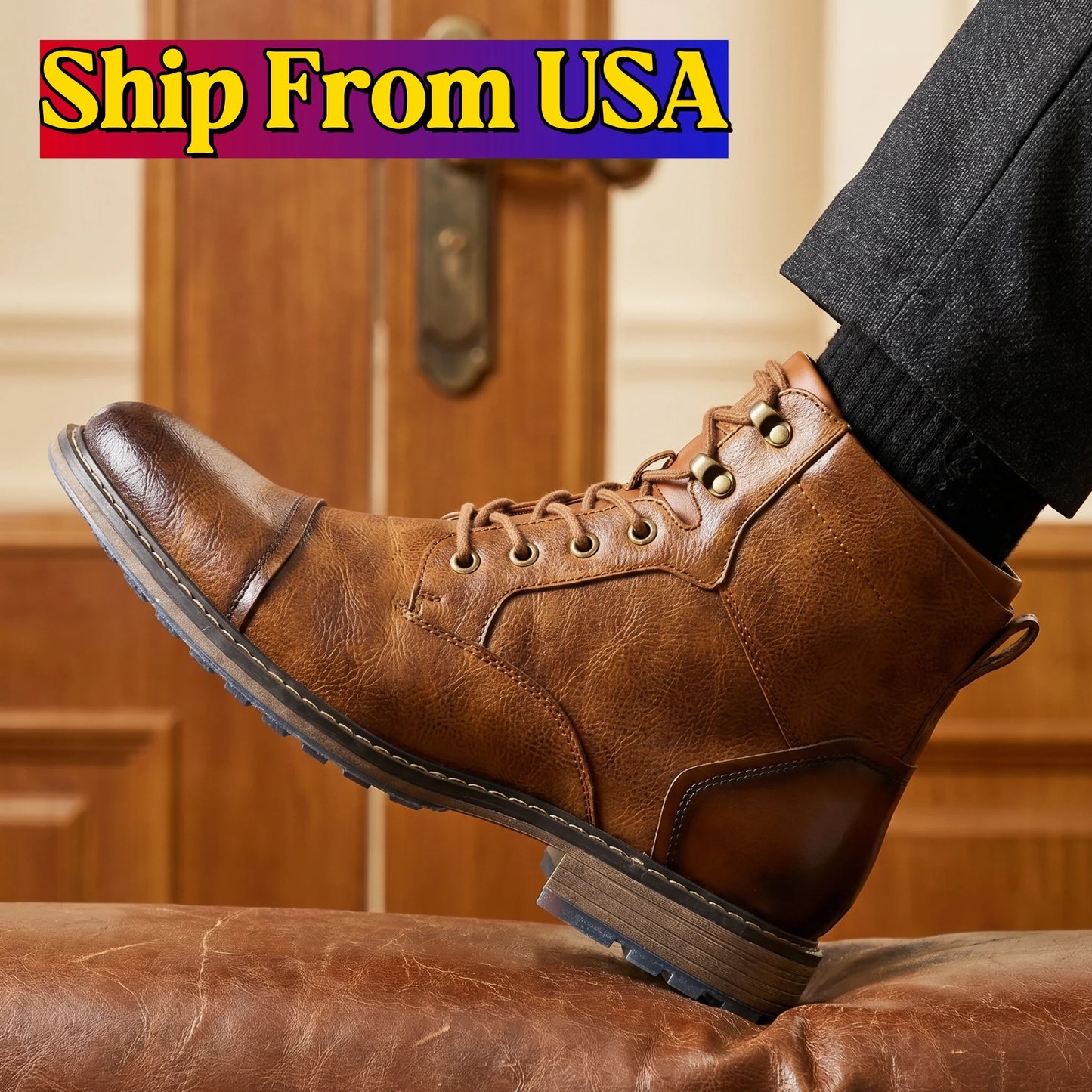 Classic Men's Spring Leather Ankle Boots With Zipper And Metal Decoration