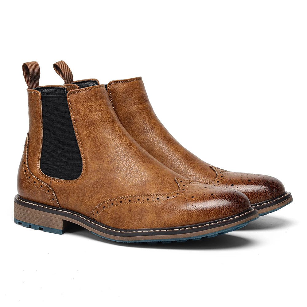 Classic Men's Spring Leather Ankle Boots With Zipper And Metal Decoration