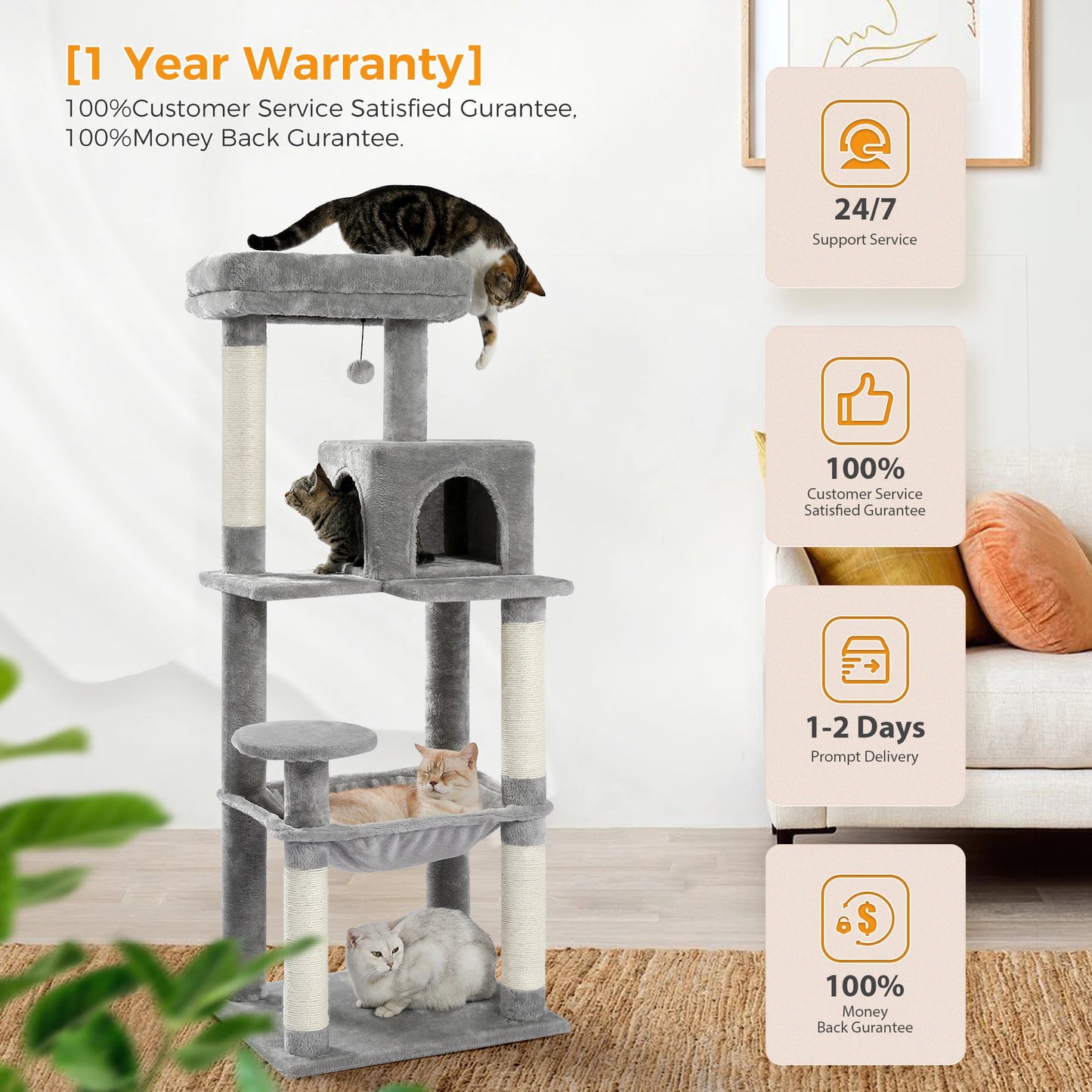 PawZ Road 5 Tier Indoor Cat Tree With Hammock