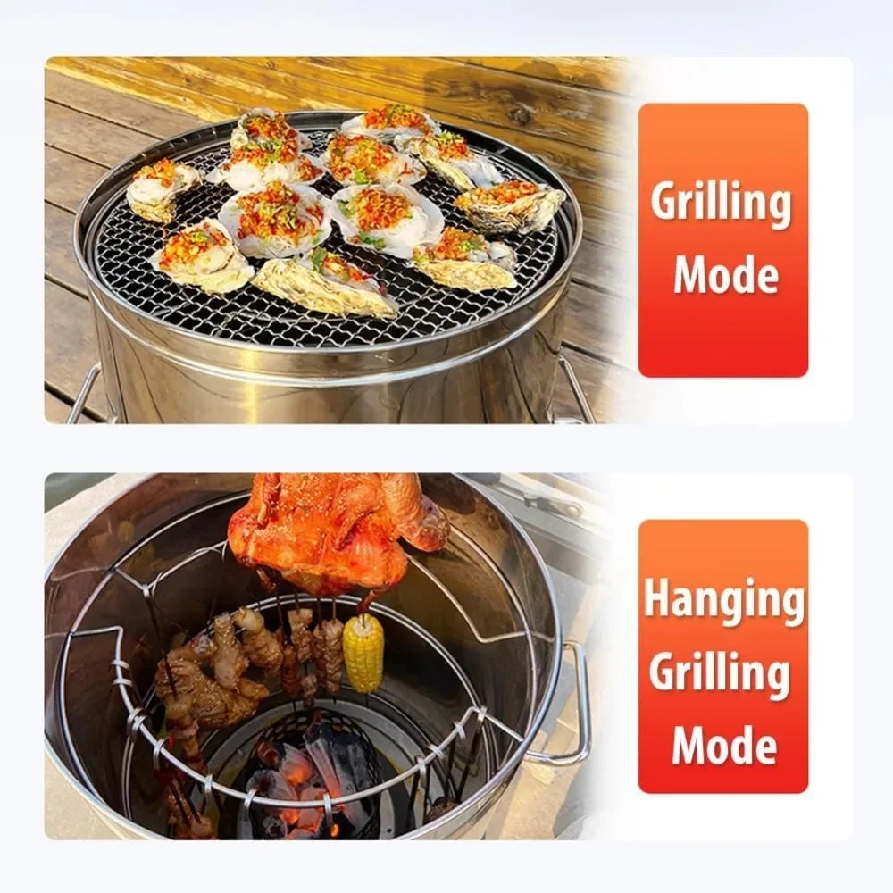 Smokeless Charcoal Grill 360 Stainless Steel BBQ Barrel With Skewers