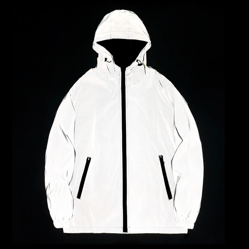 Night Reflective Windbreaker Hooded Jacket For Men Waterproof Zipper Coat