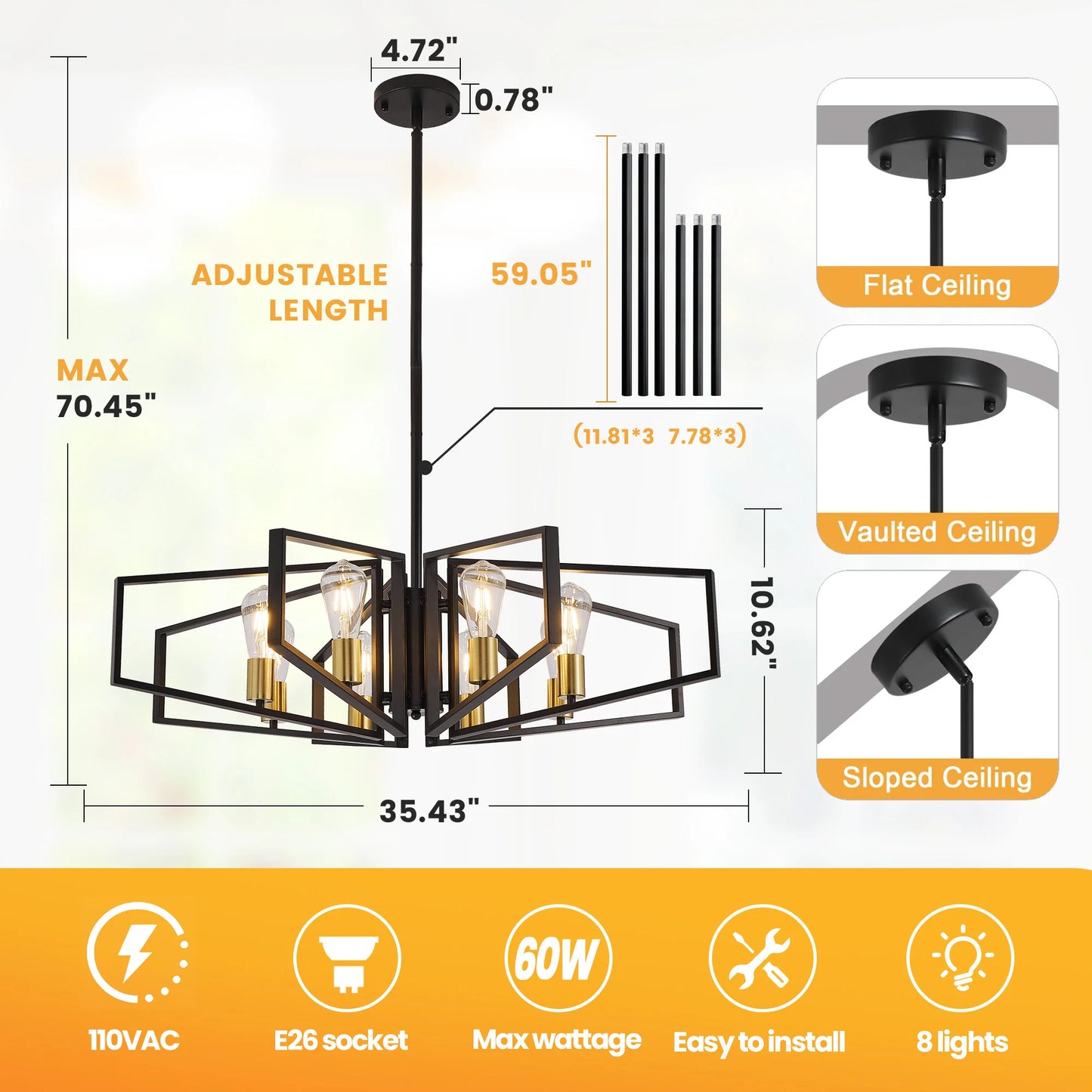 Geometric Eight Light Adjustable Chandelier With Metal Frame