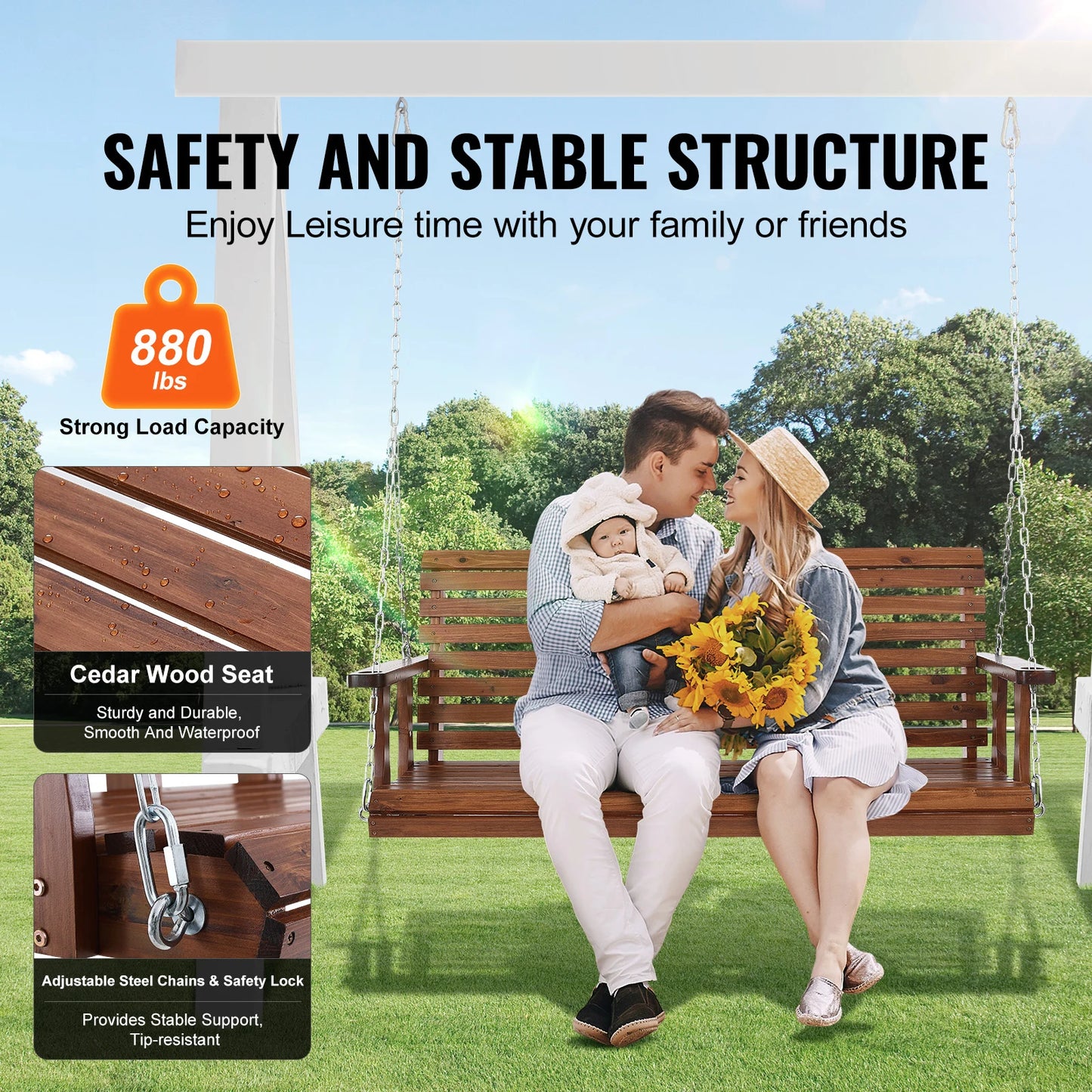 SucceBuy Wooden Porch Swing Outdoor Patio Garden Bench