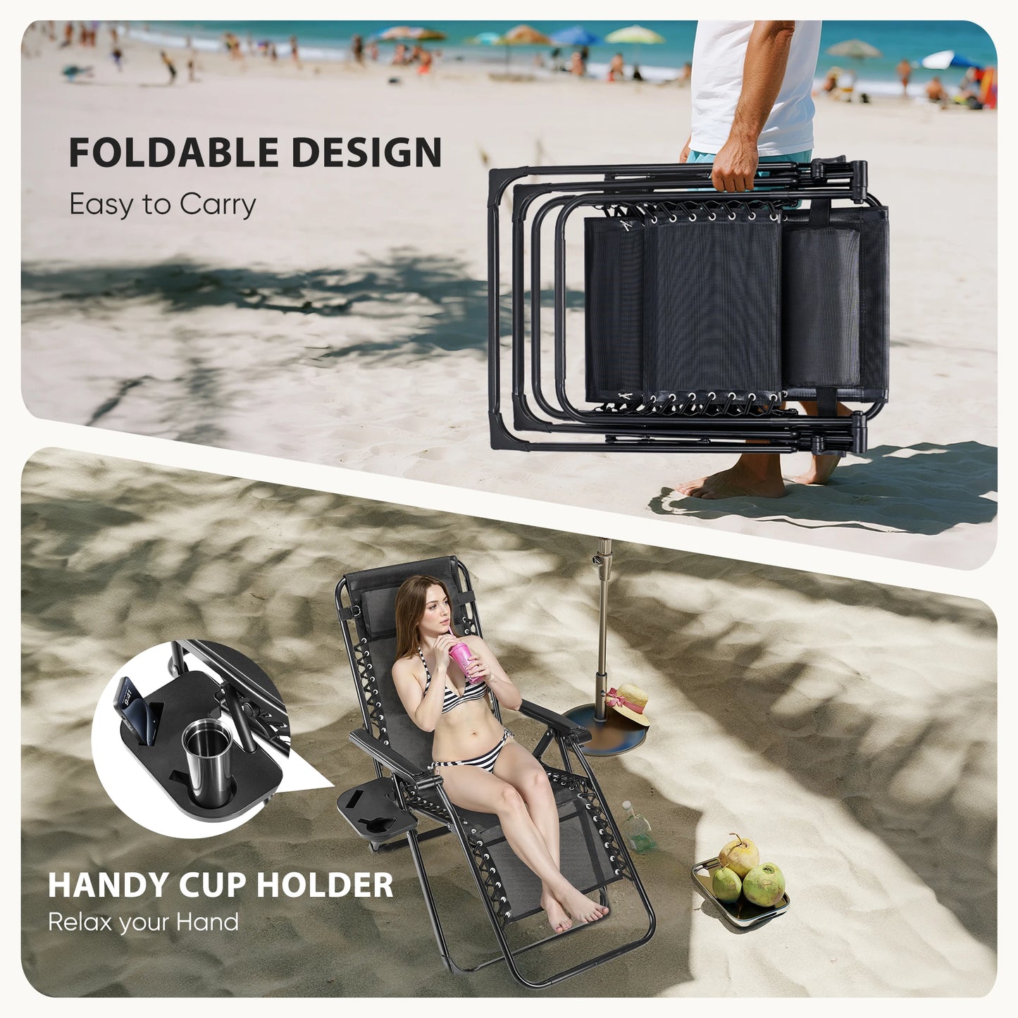 JHK Zero Gravity Portable Recliner With Cup Holder Trays