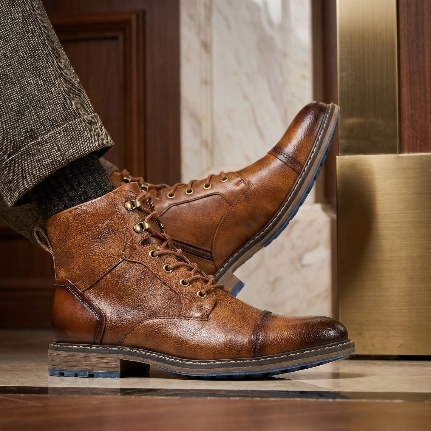 Classic Men's Spring Leather Ankle Boots With Zipper And Metal Decoration