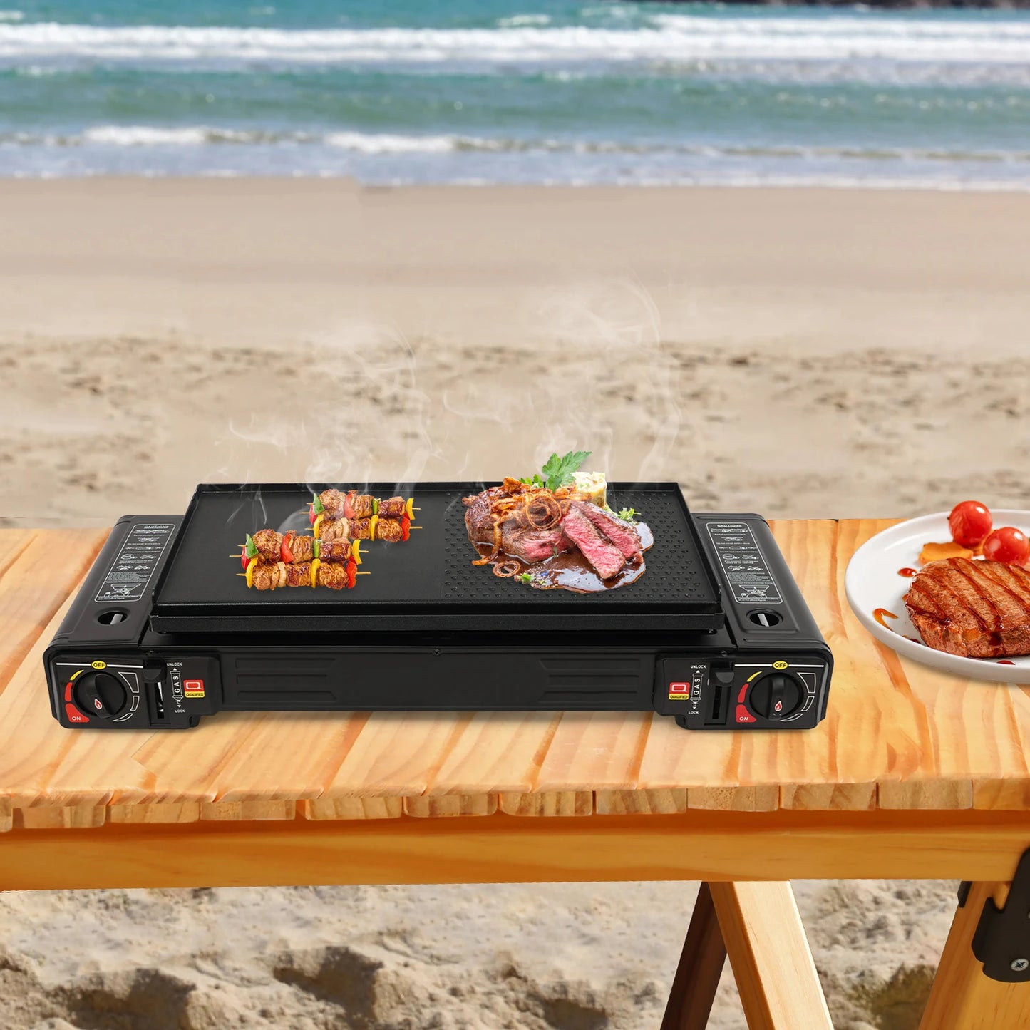 2 Burner 2500W Portable Camping Stove With Baking Tray And Case Butane Or LPG