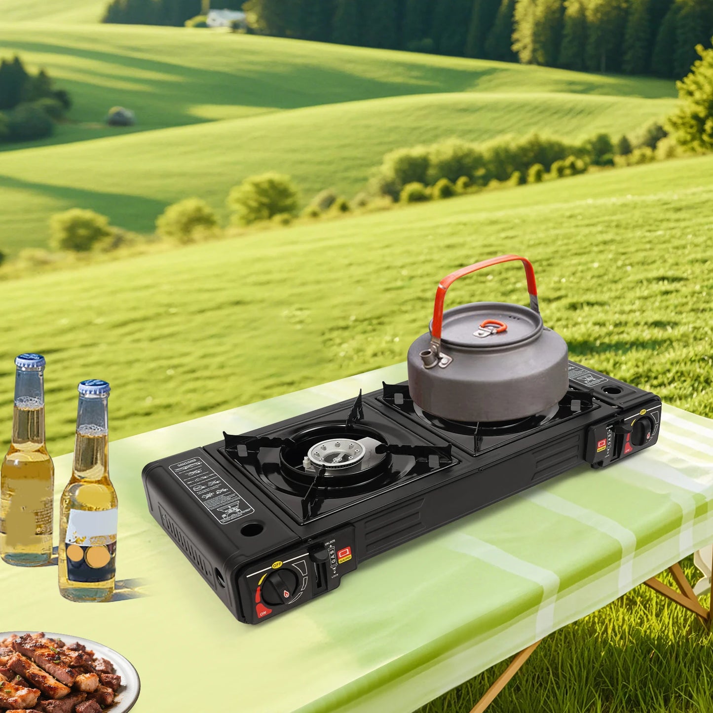 2 Burner 2500W Portable Camping Stove With Baking Tray And Case Butane Or LPG