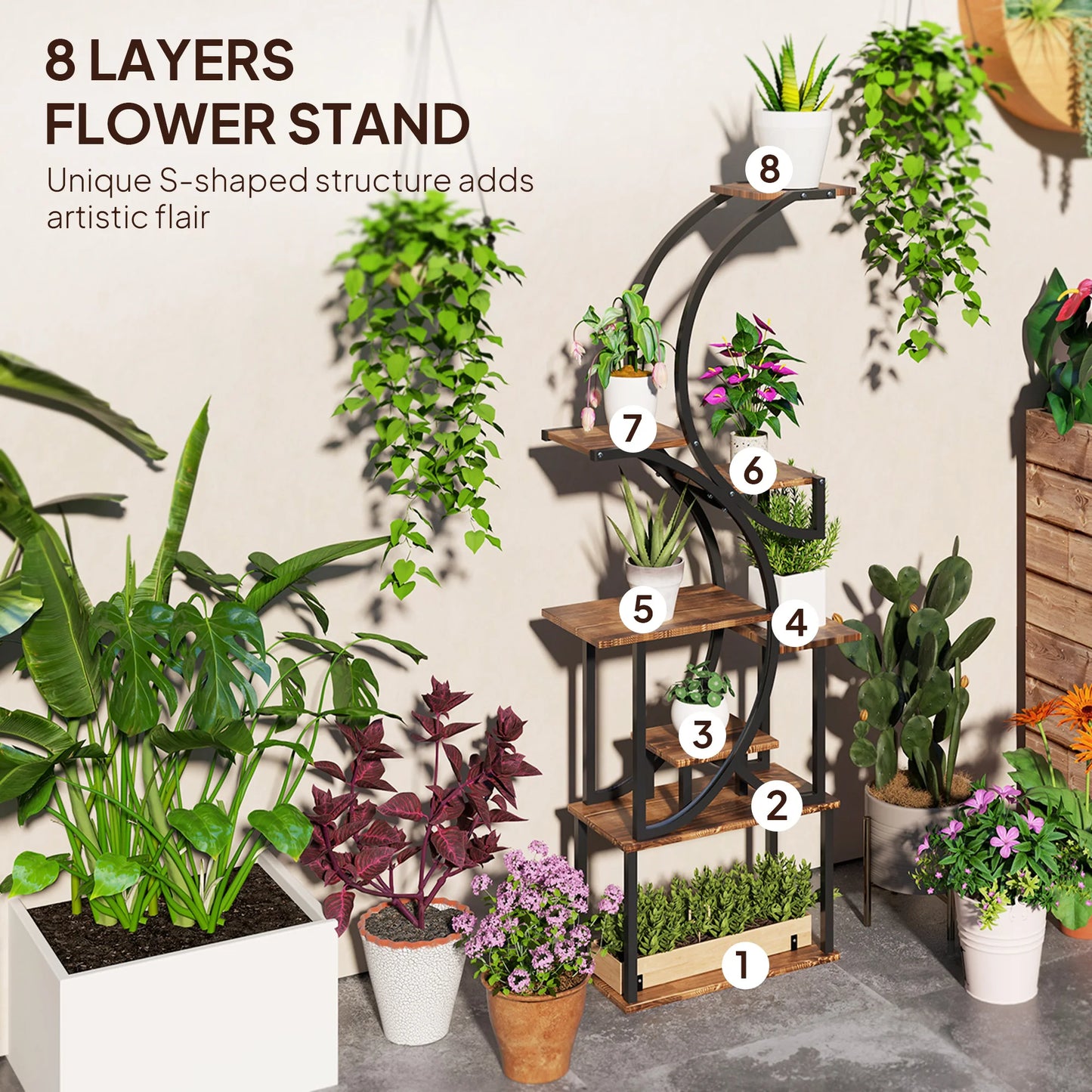 8 Tier Corner Plant Stand S Shaped Shelf Carbonized Finish
