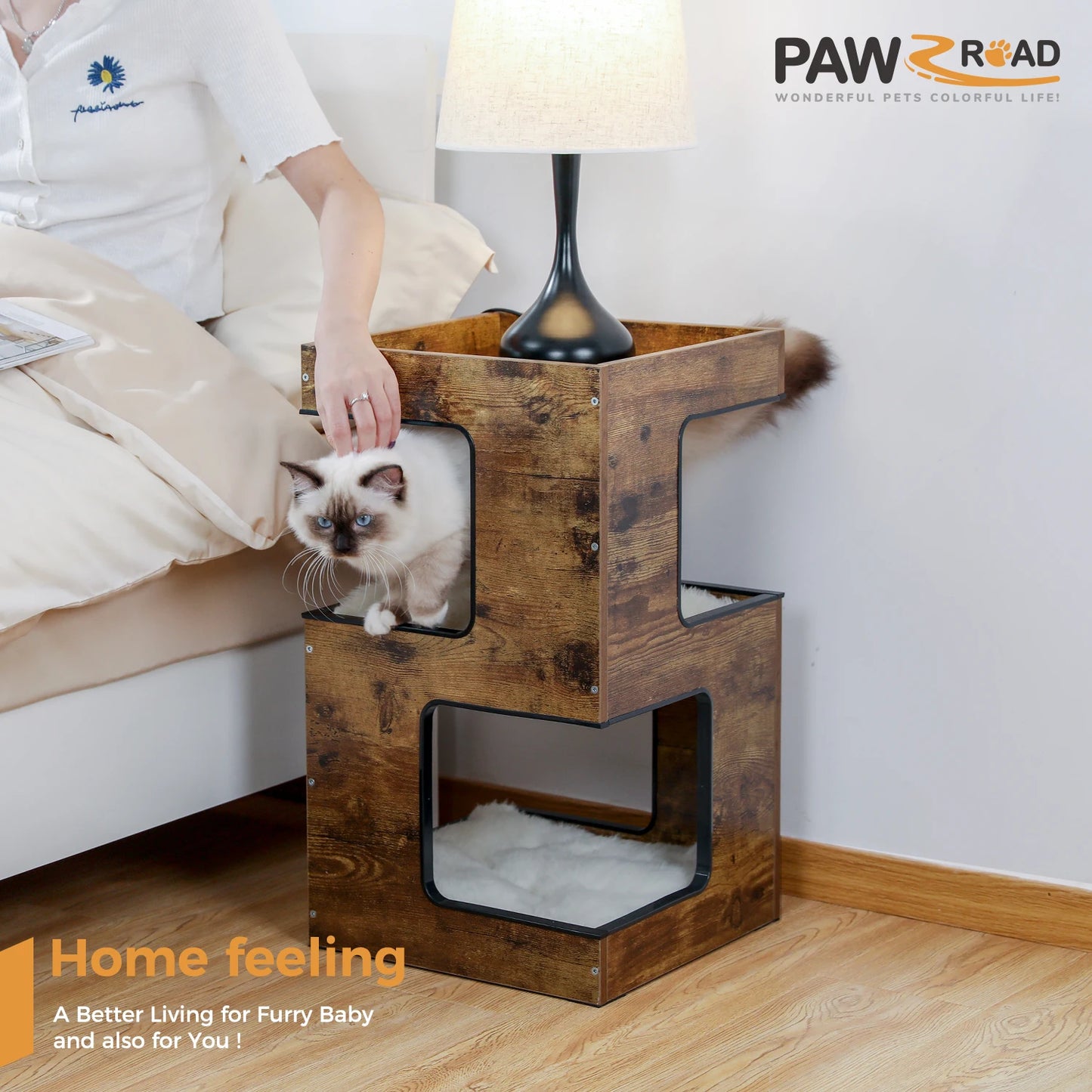PAWZ Road Wooden Cat Condo House with Soft Mats And Scratcher