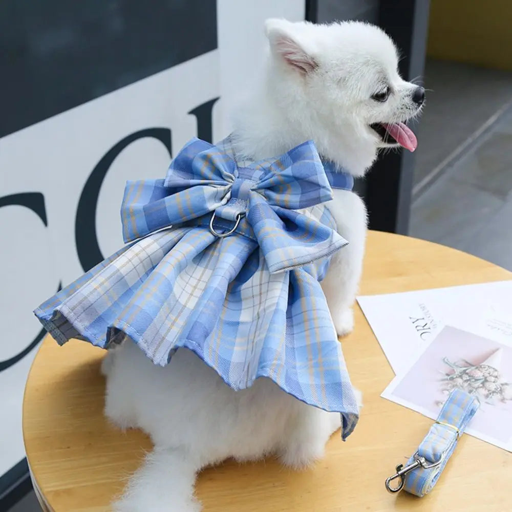 JK Style Pet Plaid Dacron Dress With Leash