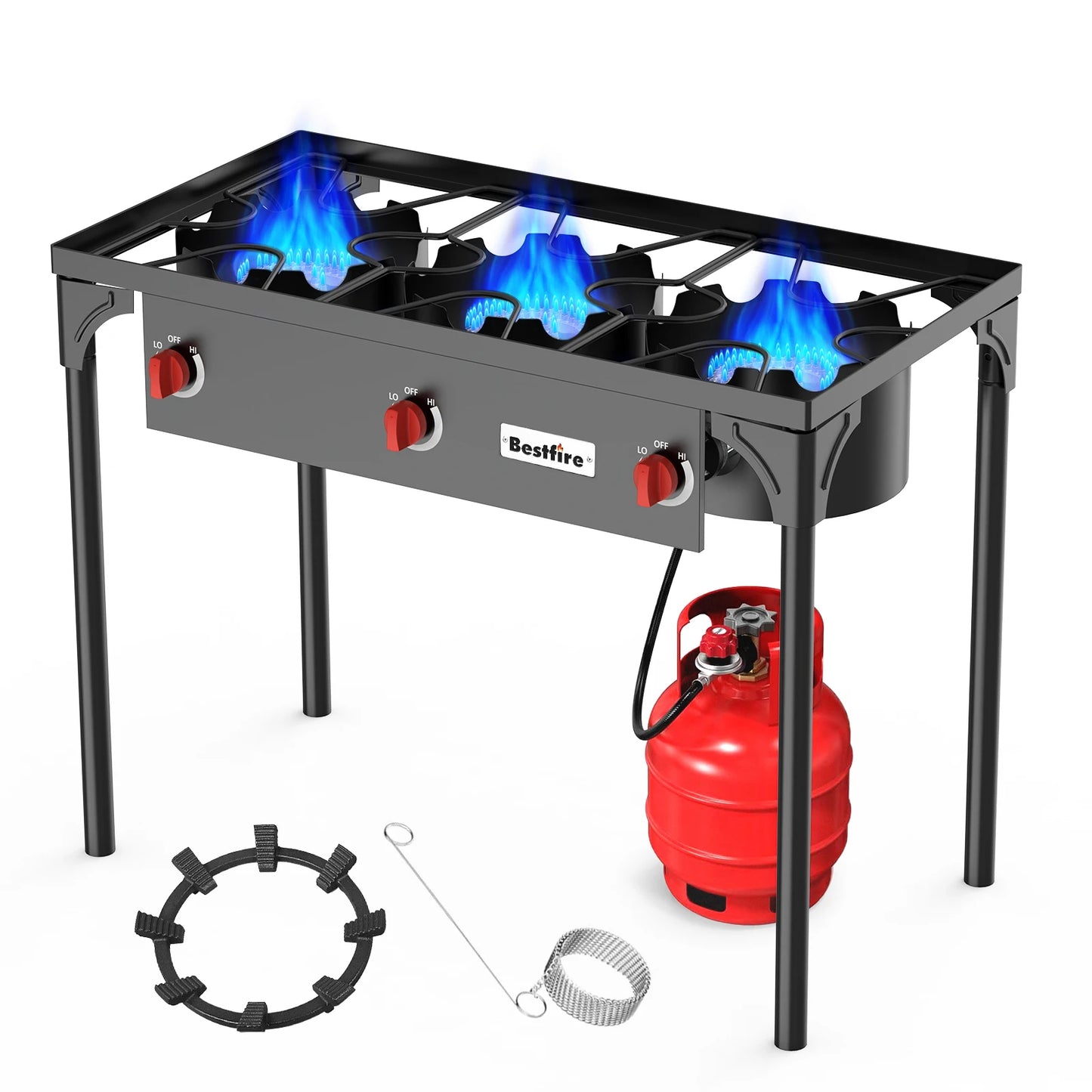 3 Burner Propane Camping Stove With Adjustable Regulator And Removable Legs