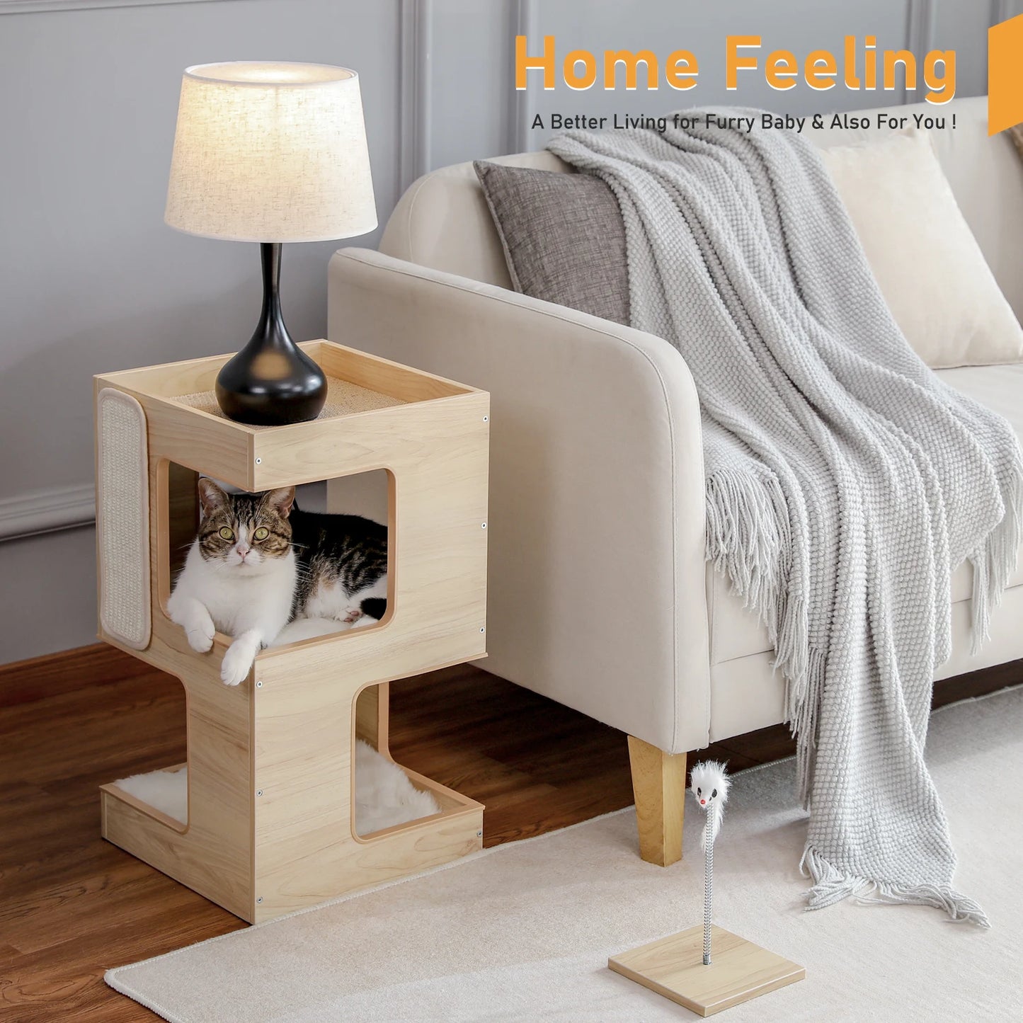 PAWZ Road Wooden Cat Condo House with Soft Mats And Scratcher