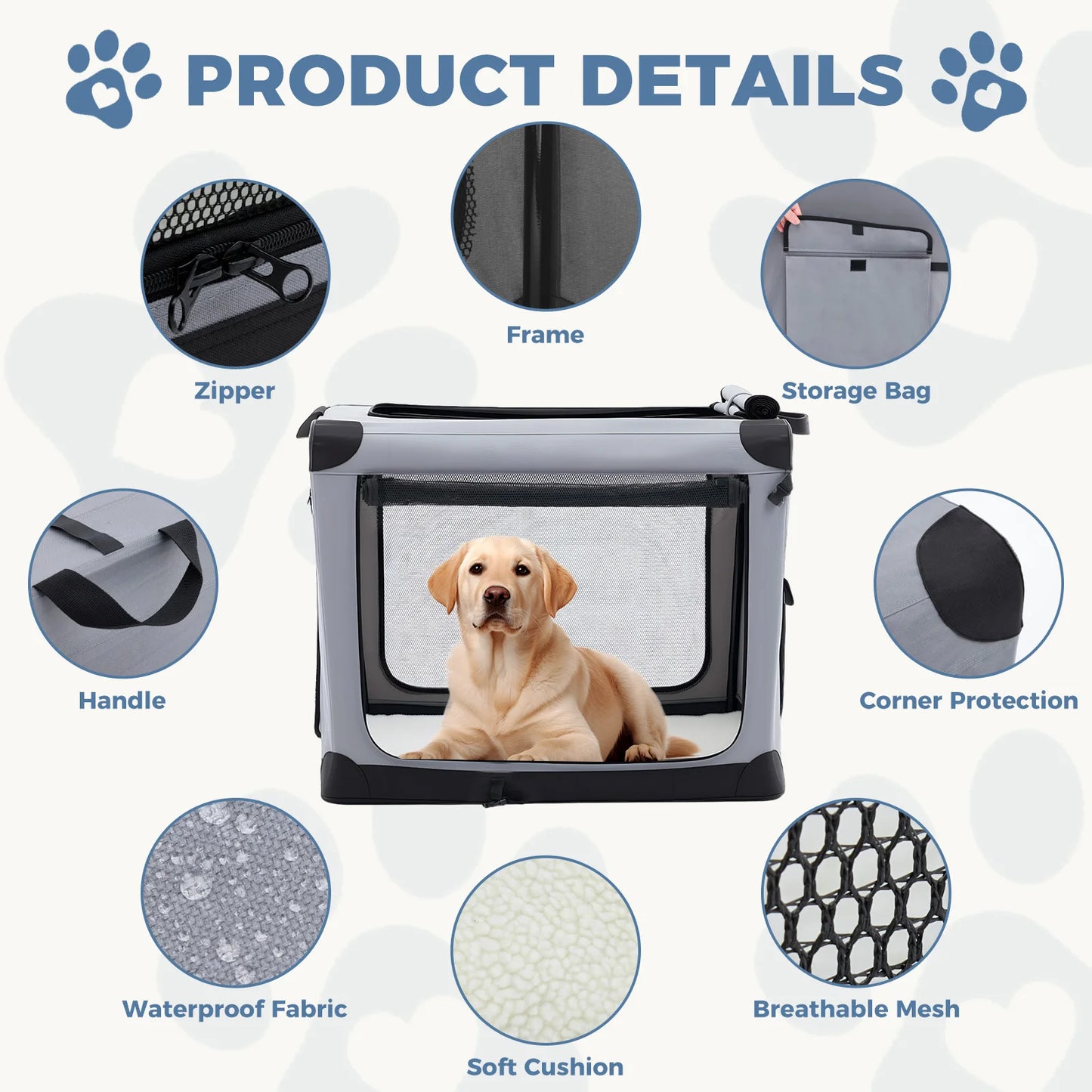 JHK 600D Oxford Foldable Soft Dog Crate With 3 Doors For Indoor Use