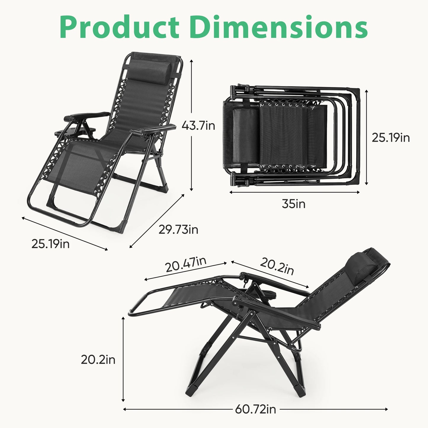 JHK Portable Zero Gravity Recliner Chairs With Cup Holder Trays